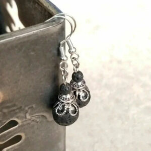 Artisan Volcanic Lava Victorian Lace Art Nouveau Gemstone Bead Drop Earrings